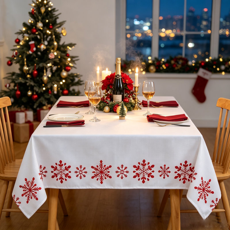 Snowflake Print Tablecloth in 150GSM Polyester Slub Cloth | Wipeable & Wrinkle-Resistant Festive Cover for Dining Room, Kitchen & Holiday Parties