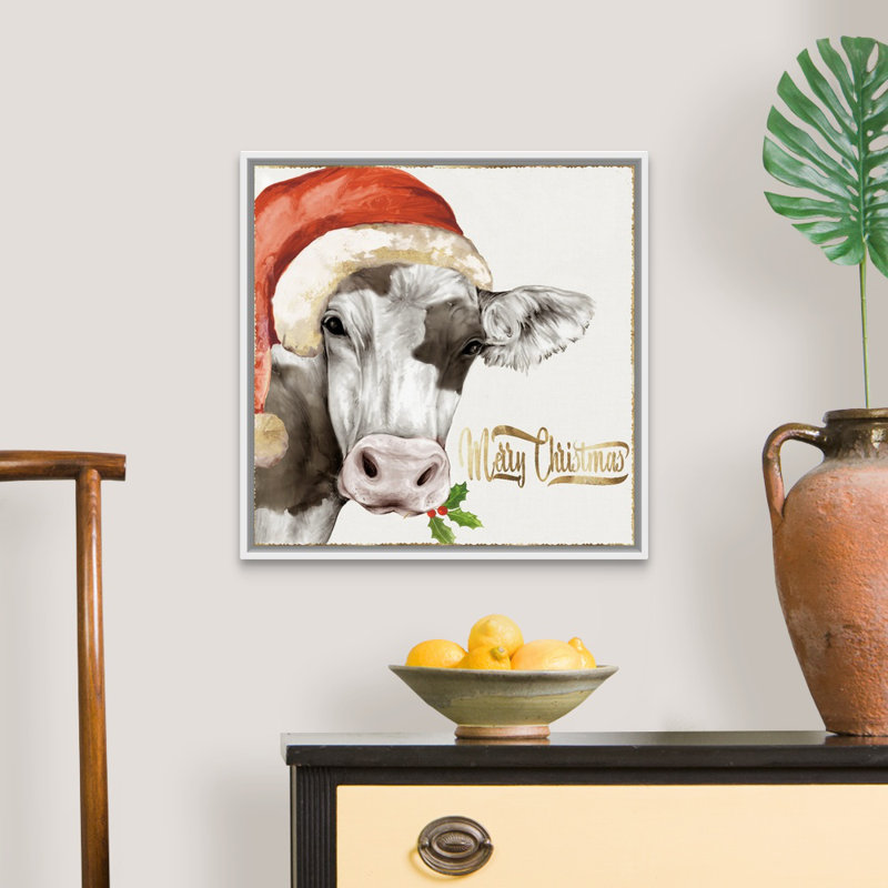Vache de Noël - reproduction d'art sur toile, H 22 po x l 22 po x P 1,75 po, Cadre blanc
