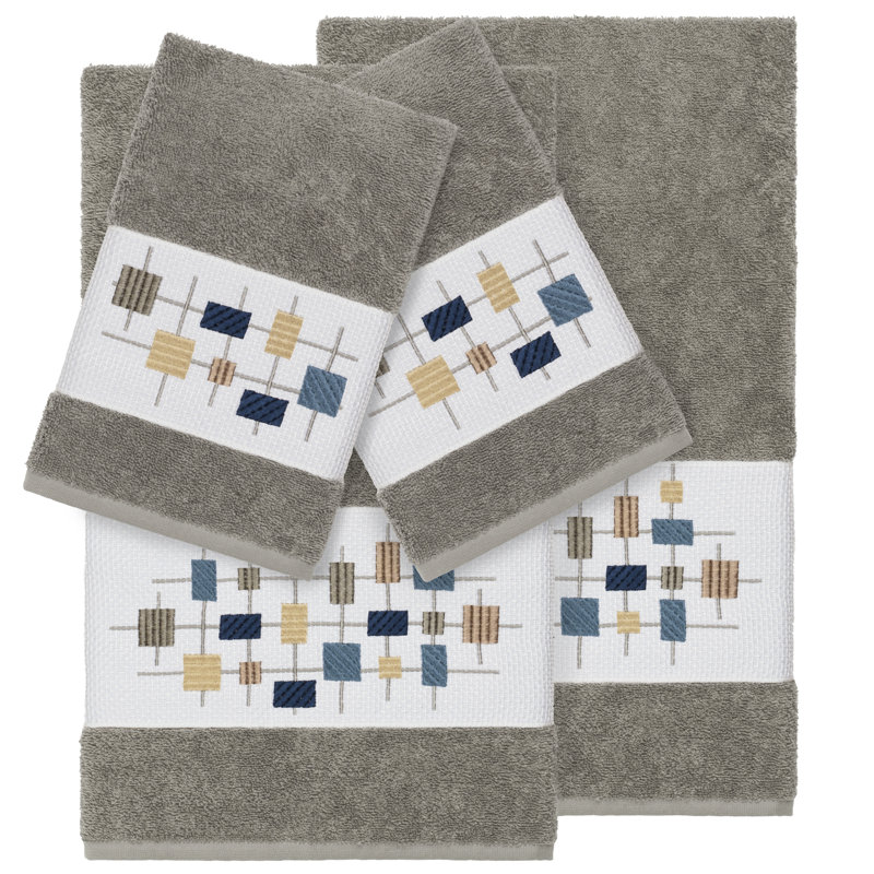 Khloe 100% Turkish Cotton Embellished Towel Set, Dark Gray, 4 Piece Towel Set