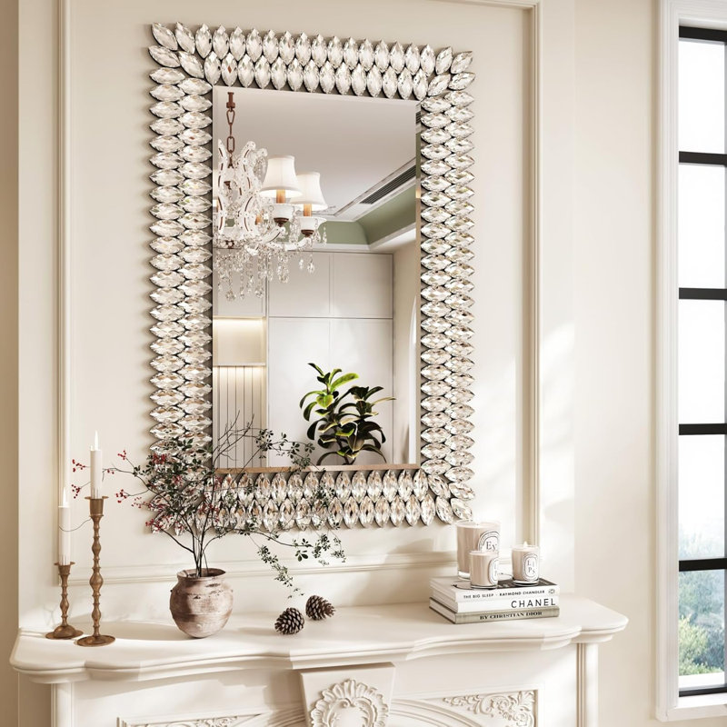 Large Jeweled Mirror for Wall Decor, Luxury Sparkling Diamond Mirror Beveled Modern Wall Decoration for Bathroom, Living Room, Bedroom, Hallway, Entryway