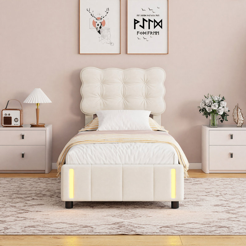 Storage Bed, Double Bed with LED Lighting and Storage, for Adults and Teenagers, Velvet, Single (3')