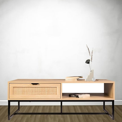 Meuble télé avec gracieuse modernité côtière, bois naturel, tiroir et rangement, tiroir en bois H 47 po x P 21 po x H 17 po, construction, 21 po de largeur
