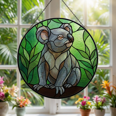 12"H Koala Leaves Stained Glass Window Panel