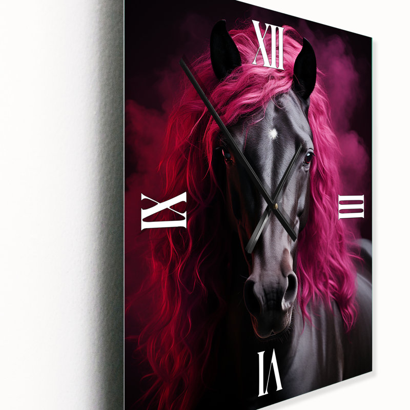 Horloge murale cheval noir et rose vibrant vibrant II - animaux, H 32 po x l 24 po x P 1 po