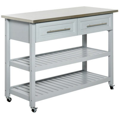 Kitchen Island With Stainless Steel Top, Traditional Kitchen Island With Storage, 2-Tier Open Shelves, Drawers, Light Gray