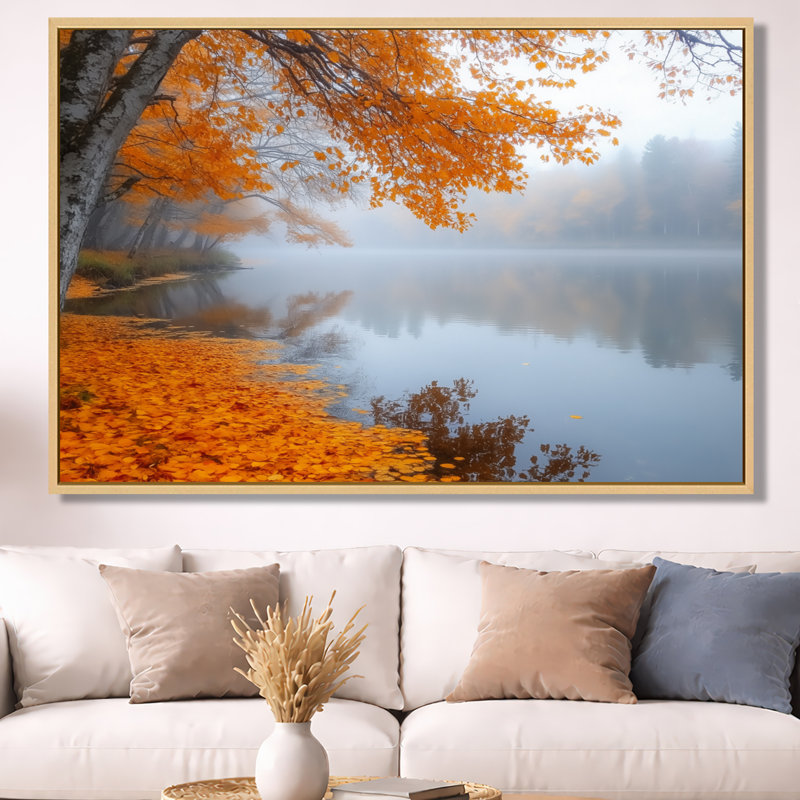 Art automnal sur rivière, toile Misty Forest, berge brumeuse, H 40 po x l 60 po, Cadre naturel flottant