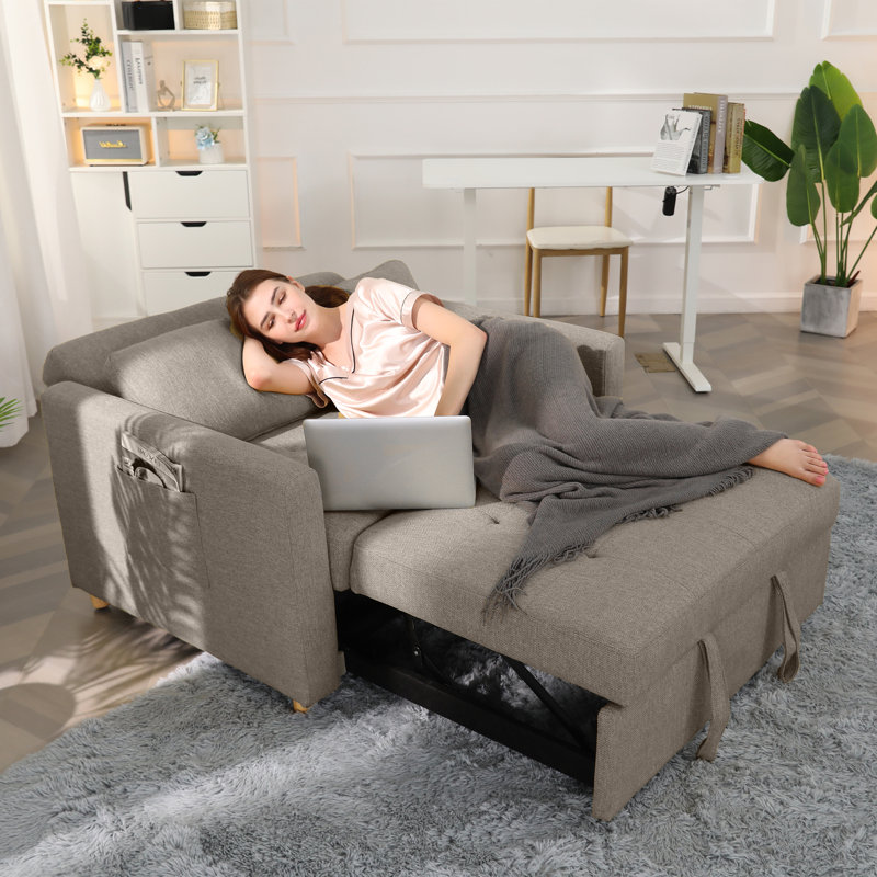 48.8" Wide Upholstered Reclining Sleeper Sofa, Brown Gray