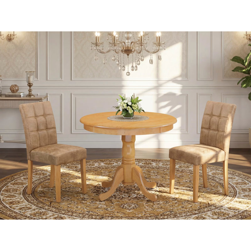 3 Piece Kitchen Table Set consists of a wooden table and 2 Platinum Gray Polyester Fabric Person Chairs with Stylish Back- Linen White Finish