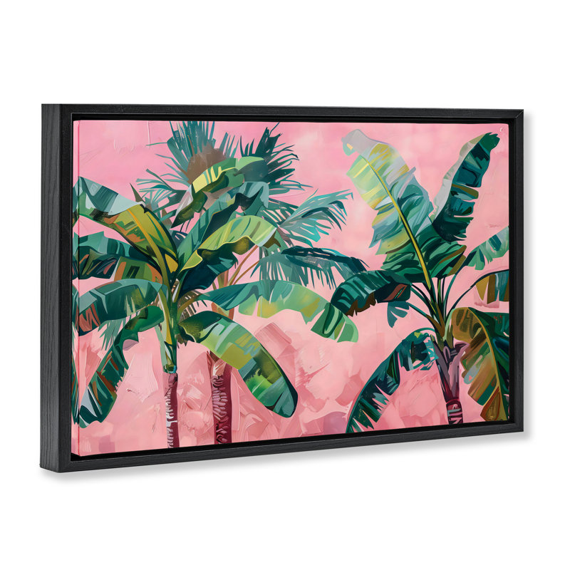 Dessus de palmiers sur cadre flottant rose, design par LSR Design Studio, Cadre flottant noir de jais, H 17 po x l 25 po