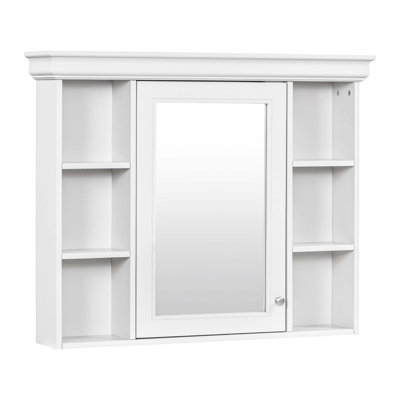 Armoire de rangement murale blanche 35 po x 28 po avec porte miroir, armoire de salle de bain moderne avec miroir, armoire à pharmacie avec 6 tablettes ouvertes