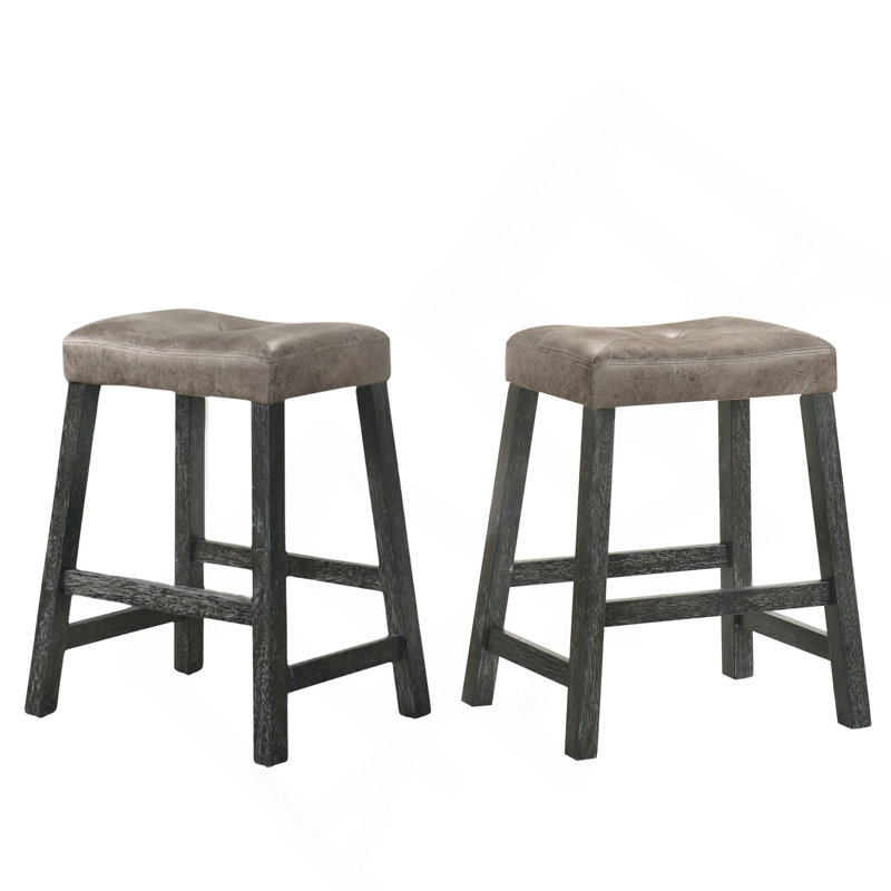 Set Of 2 Rustic Counter Stools, 25-Inch Backless Wooden Farmhouse Barstools With Faux Leather Seat, Distressed Finish, Space-Saving Design