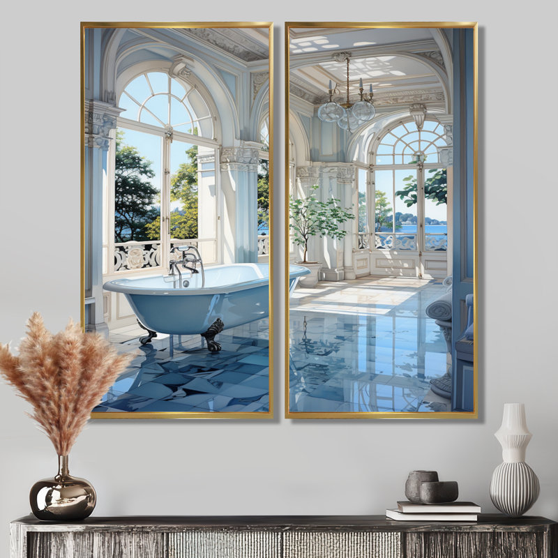 «Bathroom Tranquil Reflections», impression d'art sur toile, ensemble d'humour bleu, H 20 po x l 24 po, Cadre flottant, Doré