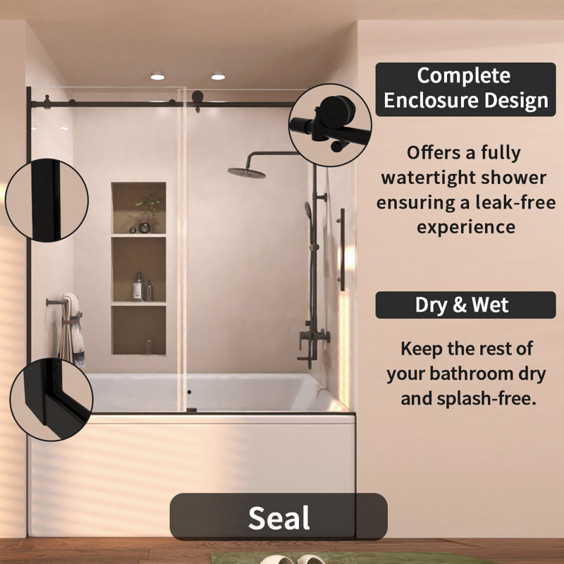 Porte de douche coulissante semi-sans cadre l 60 po x H 60 po, Noir mat