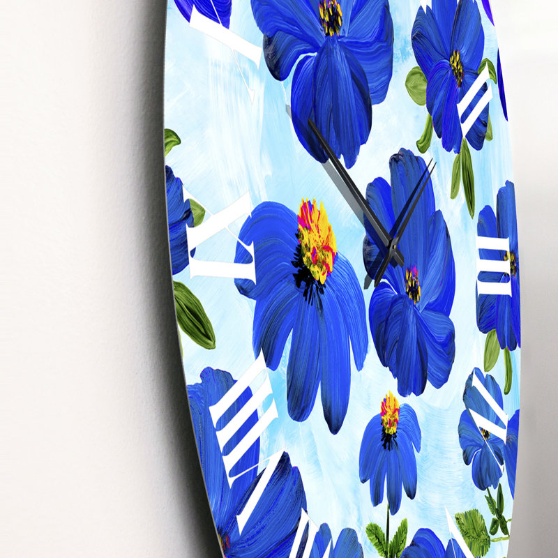 Horloge murale abstraite à fleurs bleues sur fond bleu clair, Grand
