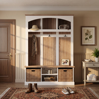 66.9" H Hall Tree Storage Rack - 5 Hooks + 3 Storage Compartments + Double Bamboo Baskets