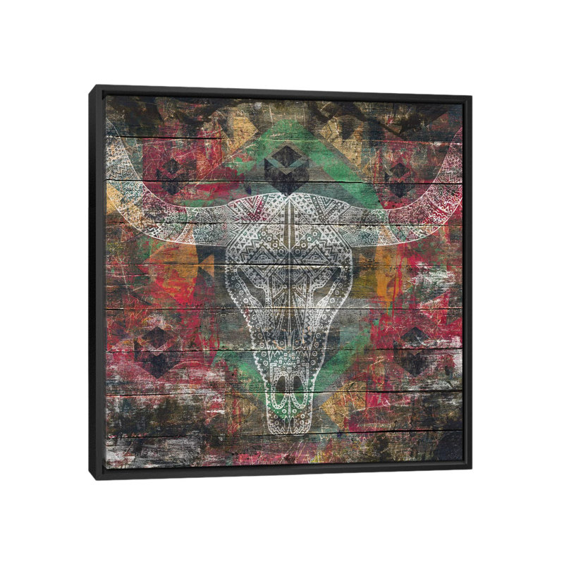 « ancêtres (crâne de vache) », impression sur toile, H 18 po x l 18 po x P 1,5 po, Toile avec cadre noir, Pas de tapis