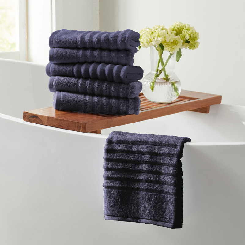 Serviettes de bain 100% coton à nervures zéro torsion , Marine, Essuie-mains - paquet de 6