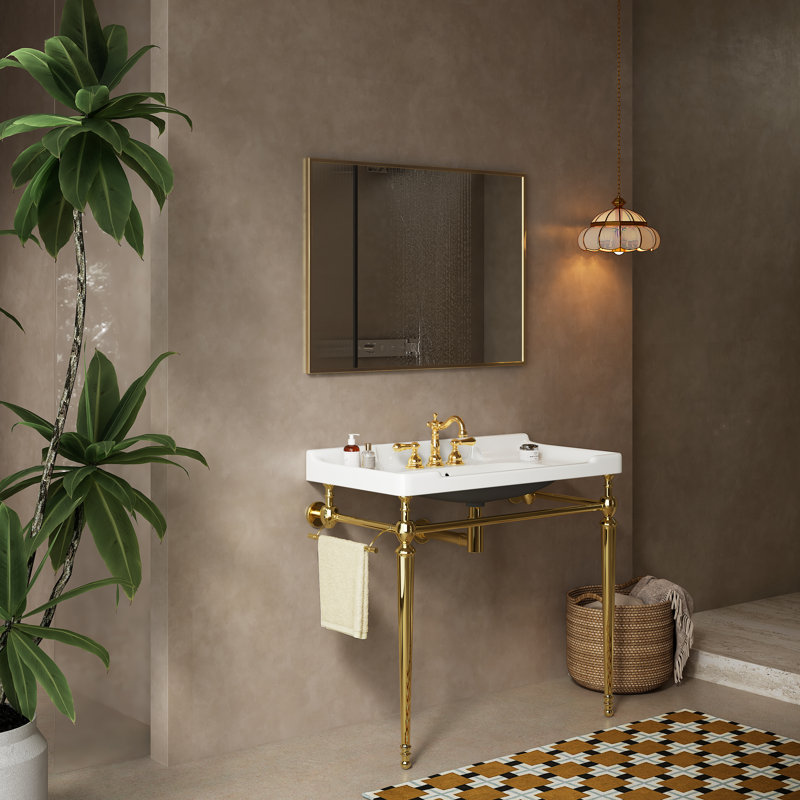 Console Bathroom  Vanity Set,Wall-Mounted Ceramic Vanity & Freestanding Stainless Steel Support Legs, Gold, 36", White
