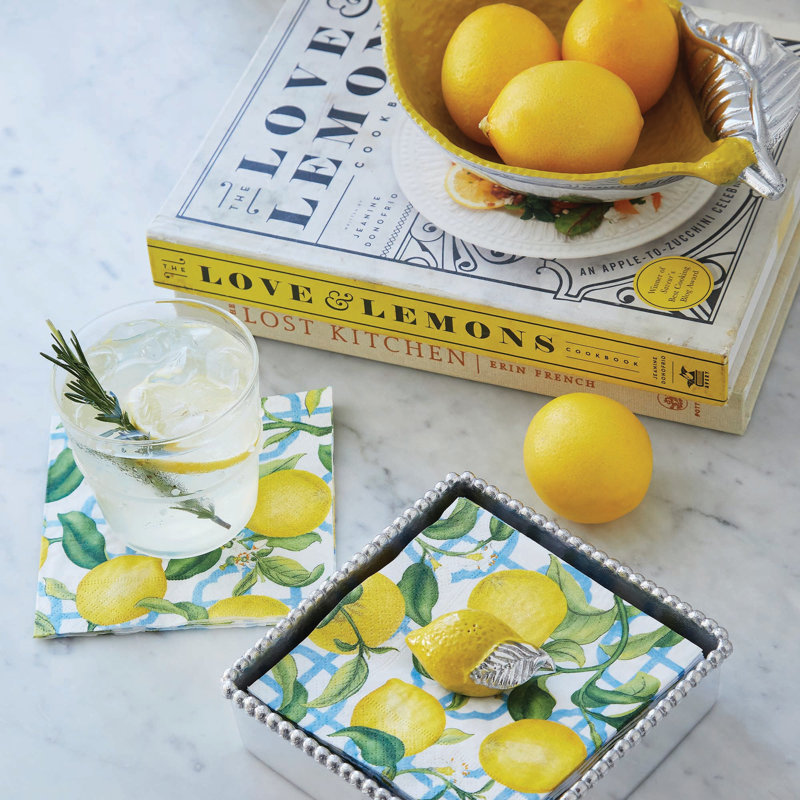 Yellow Lemon Beaded Flat Napkin Holder Set