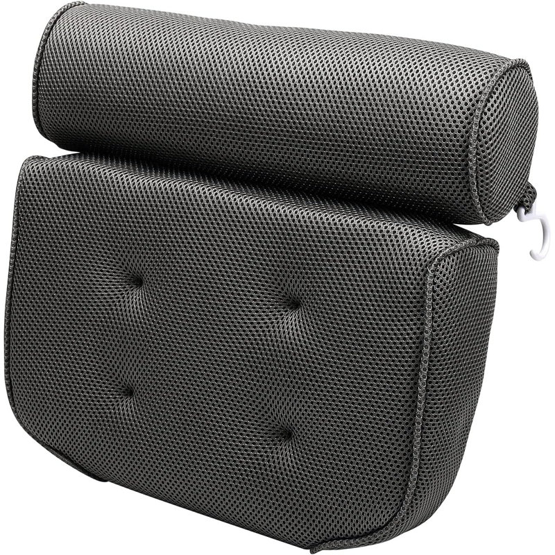 SedlikSpa Bath Pillow With Head, Neck, Shoulder & Back Support | Extra Thick, Non-Slip, Soft, Large 38X35cm For Ultimate Relaxation | Fits Any Tub, 4 Strong Suction Cups, 3D Air Mesh, Grey Firm Support Pillow