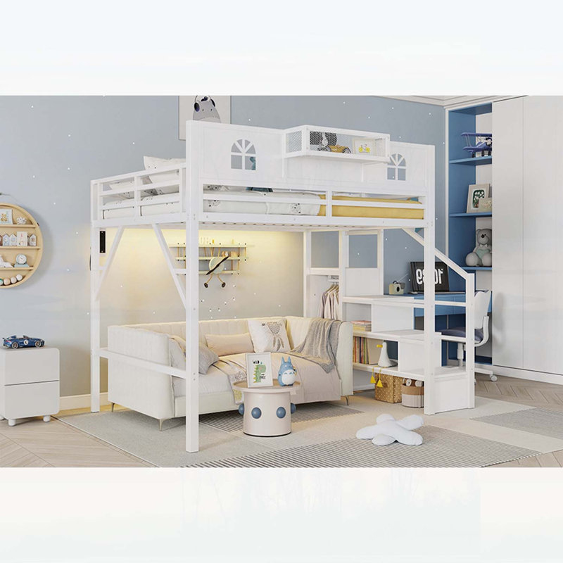 Grand lit mezzanine en métal avec escalier et garde-corps en forme de maison, garde-robe et éclairage à DEL, idéal pour les enfants et les adolescents