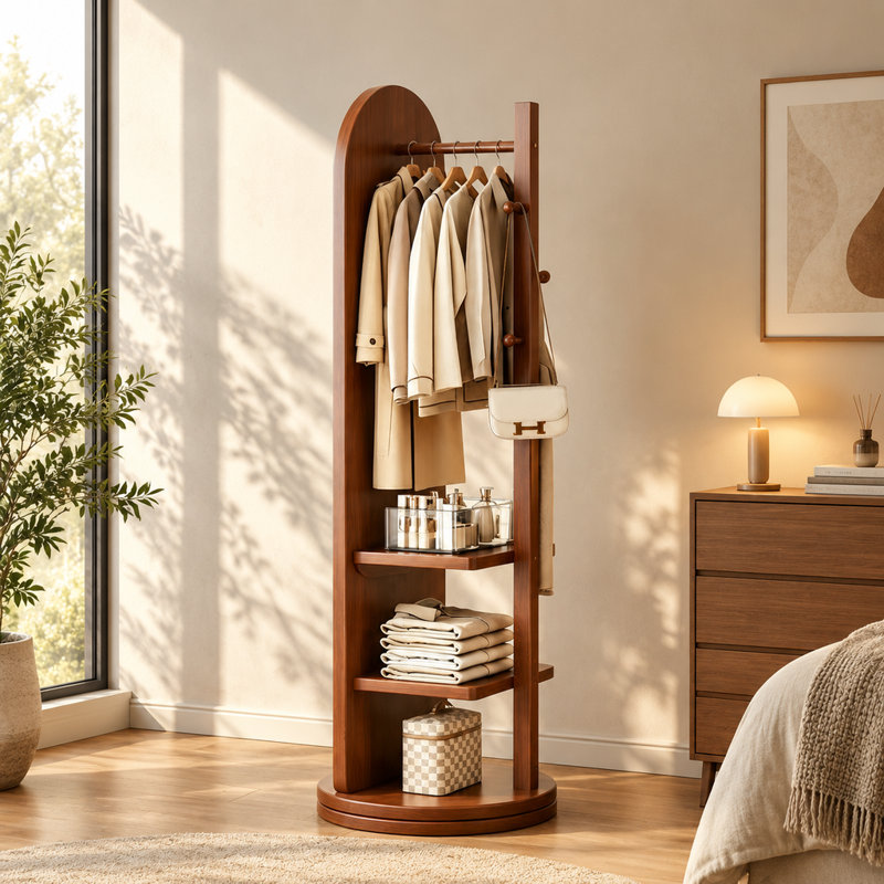 Miroir pivotant sur pied de 65,65 pouces avec porte-manteau et tablettes de rangement ouvertes