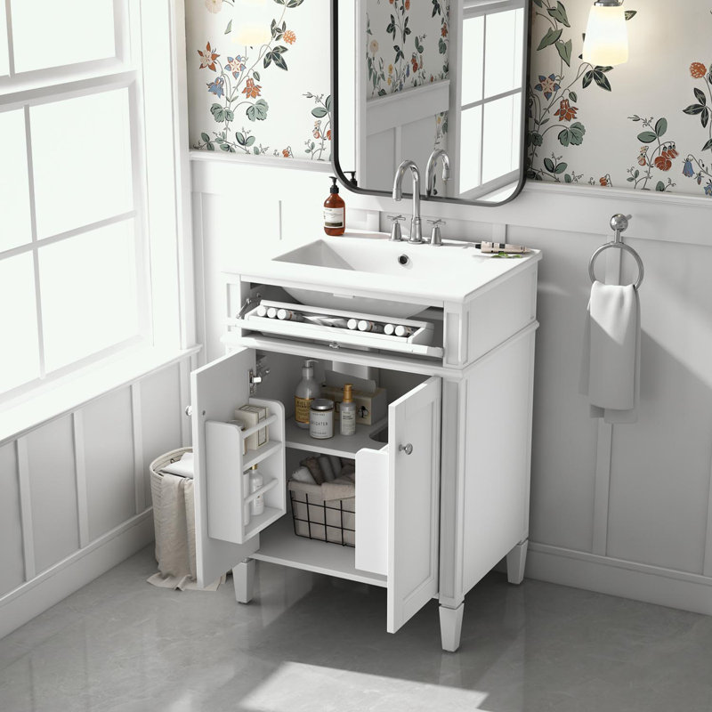 Meuble-lavabo de salle de bain avec lavabo en céramique, 2 portes et tiroir coulissant, Blanc