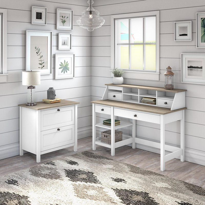 Bureau d'ordinateur 54 W avec tablettes, organisateur de bureau et classeur latéral Aban en blanc pur et gris Shiplap