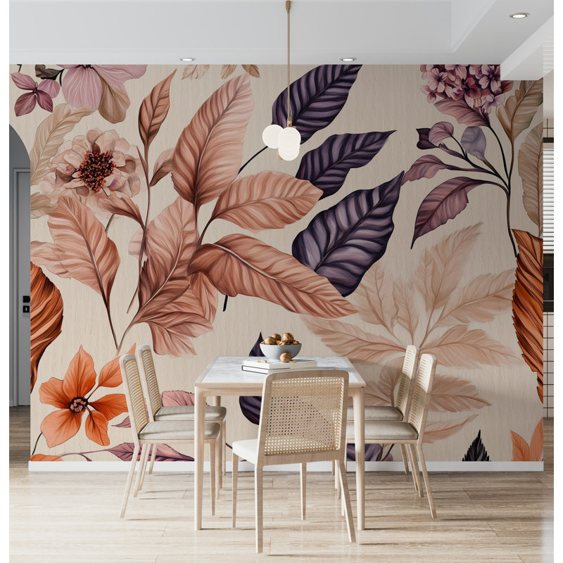 Murale rétro à grandes feuilles botanique, L 108 po x l 140 po