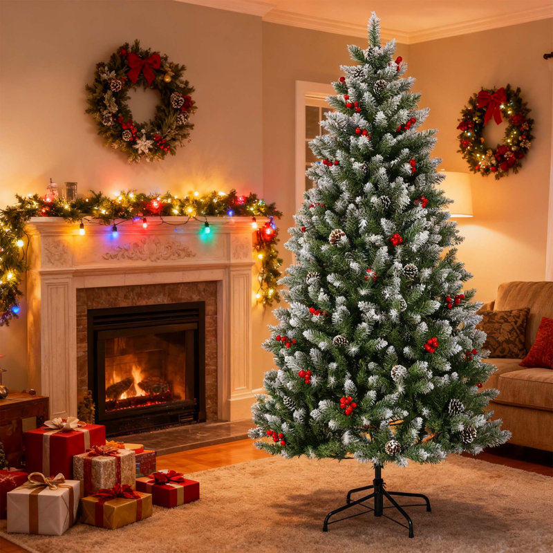 Arbre de Noël artificiel avec baies rouges, pointes de neige, pommes de pin, arbre de Noël pour la maison, le bureau, la boutique