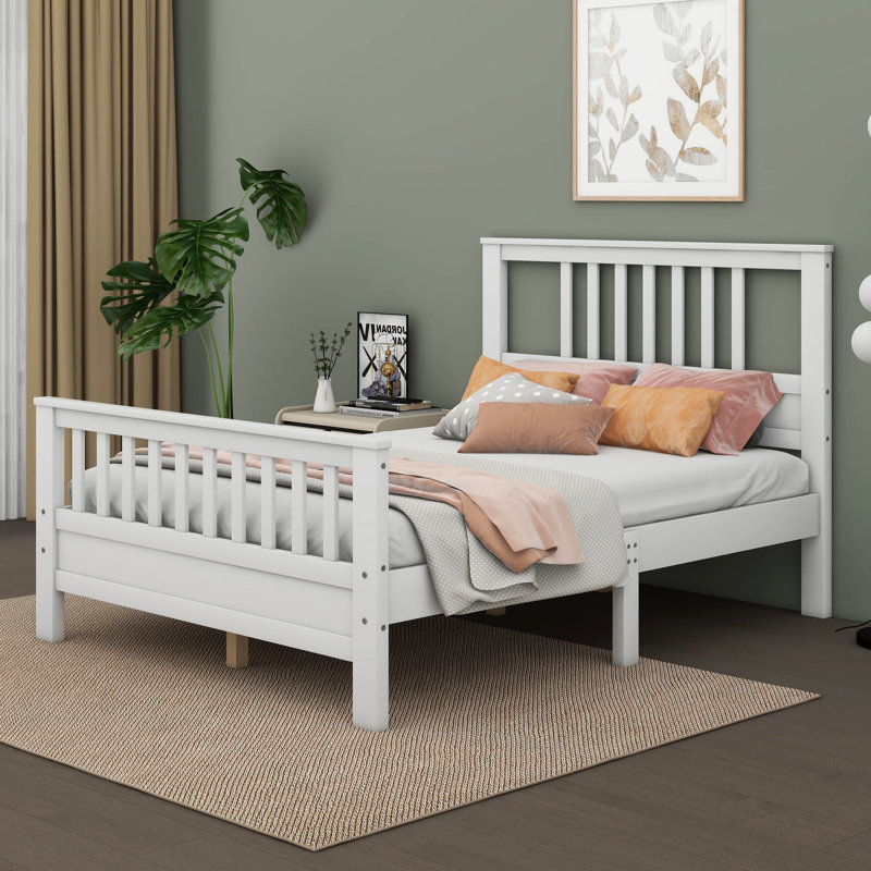 Lit plateforme en bois avec tête de lit et pied de lit Alariz, Double, Blanc
