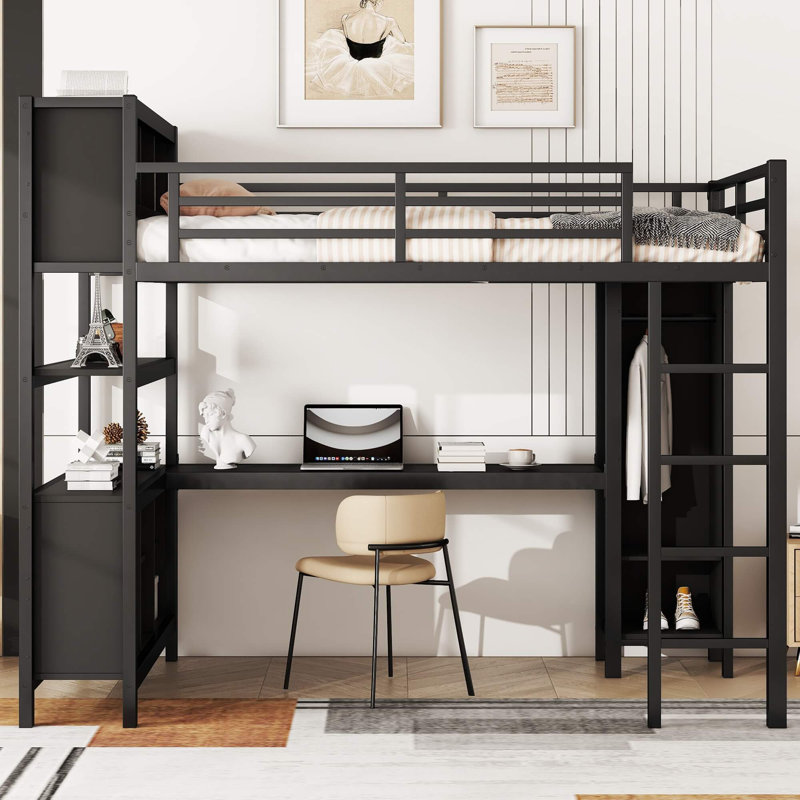Lit mezzanine double en métal avec bureau en L et garde-robe, lit double - rangement compact pour enfants, adolescents et adultes
