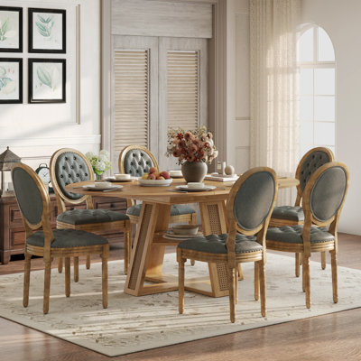 Extendable Oval Dining Set with 4-6 Upholstered Chairs, Mid-century Farmhouse Wooden Dining Room Table and Solid Wood Chair Set