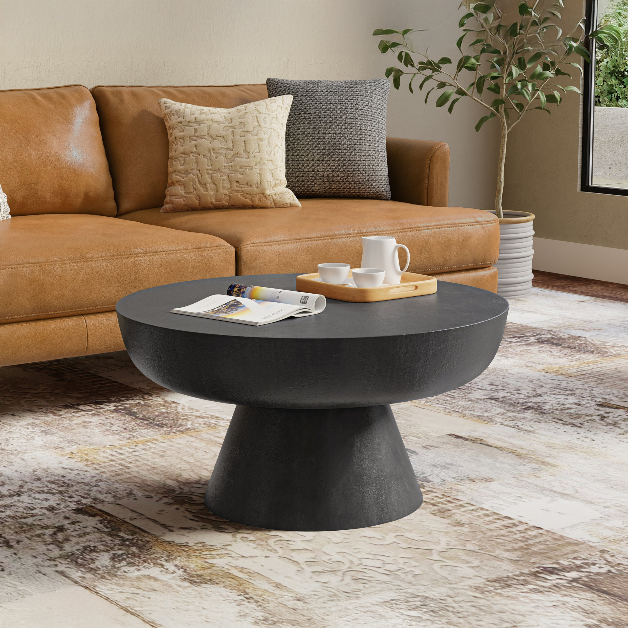 Charmaine 30"W Cast Aluminum Contemporary Round Coffee Table with Pedestal Base, Fully Assembled