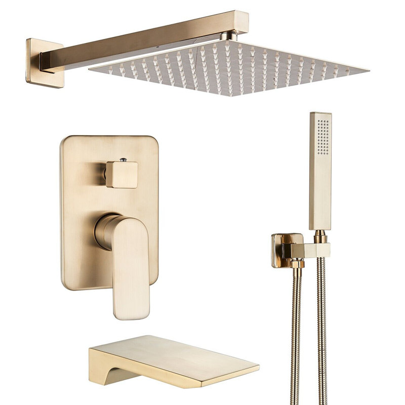 Brushed Gold Shower Faucet Set System 12" Rainfall Head Combo Kit Mixer Valve Wall Mount Tap