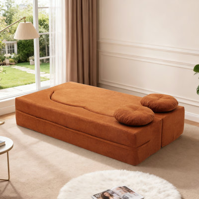 75.5" Lychee Boneless Velvet Folding Sofa Bed, No Assembly Required Sleeper with Two Pillows, Orange