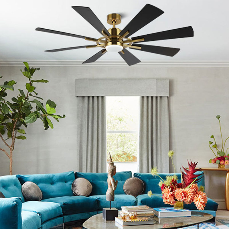 Avgoustinos DC Ceiling Fan with LED Light and Remote, 72", Gold with Black Blades