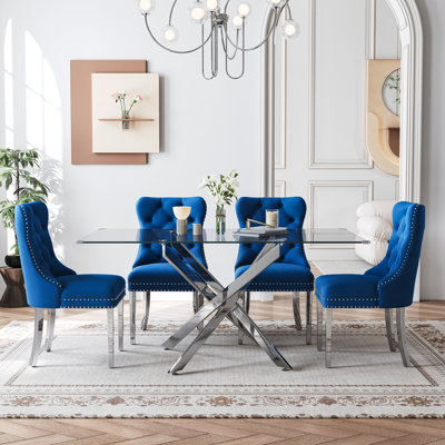 5-Piece Rectangular Glass Dining Set, 63" Modern Tempered Glass Dining Table With Velvet Upholstered Seats