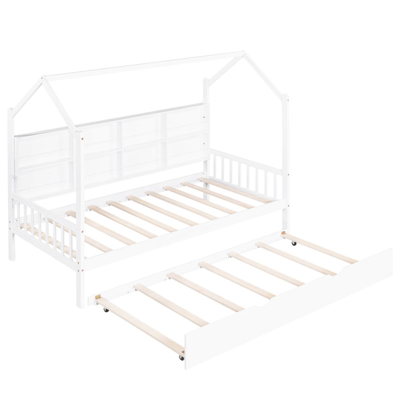 Lit simple blanc avec lit gigogne et tablette, lit confortable pour la structure, aire de jeu semi-fermée