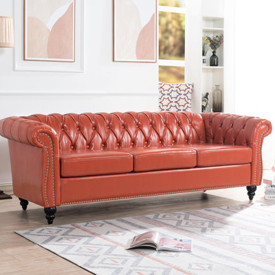 3 Seater With 86.07" Rolled Arm, Orange Pu, Staggered Pull Buckles, Even Stress, Sealed Birch Legs Arm , 86.07", Protected