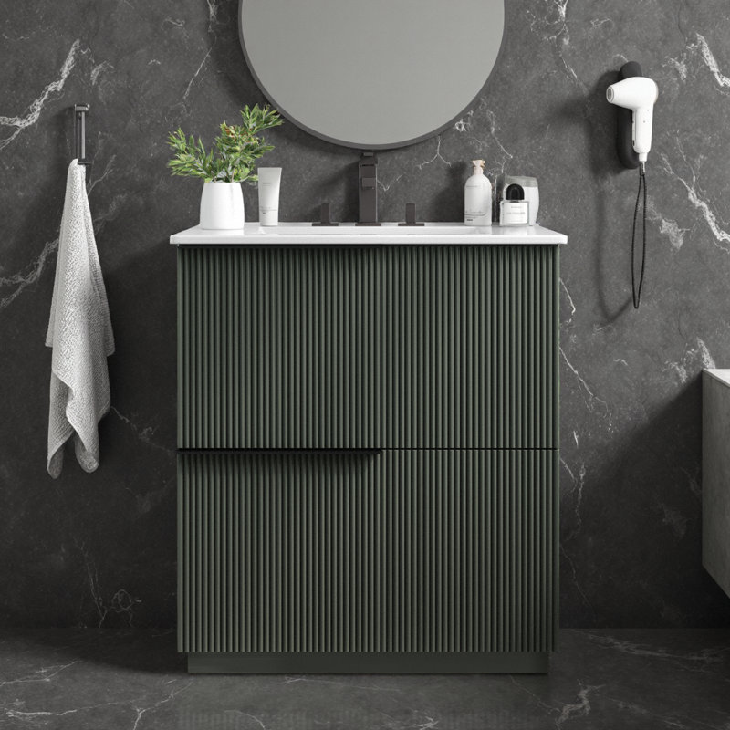 Meuble-lavabo cannelé blanc avec lavabo en céramique, tiroirs à fermeture en douceur et style américain, Vert