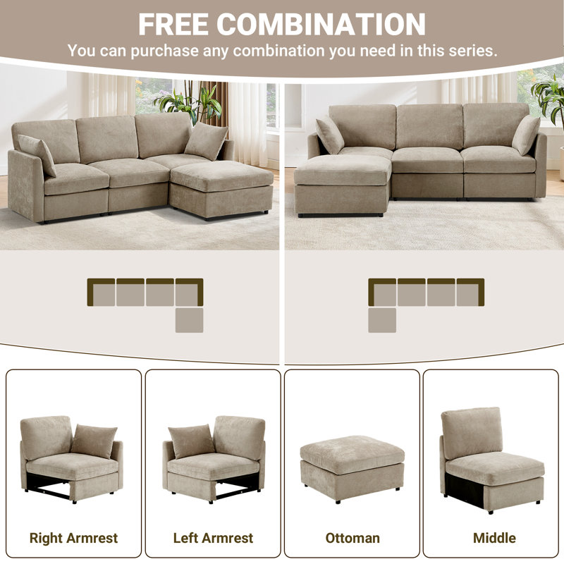 Canapé modulaire réversible avec repose-pieds 4 pièces Sarang, Mélange de polyester kaki