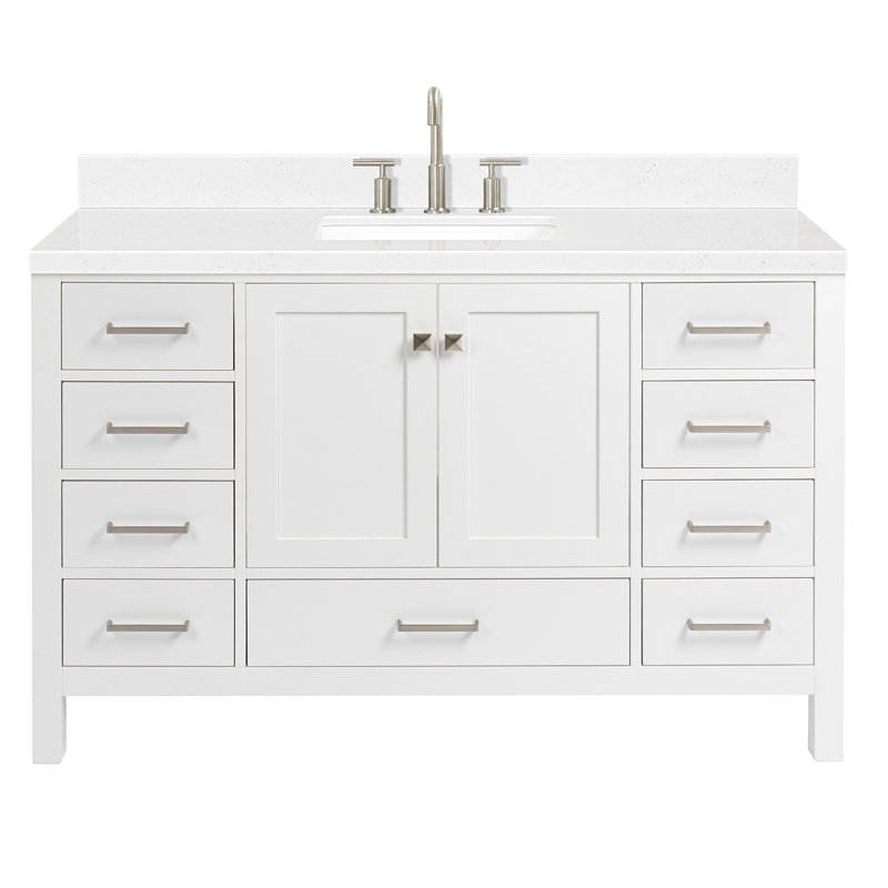 Cambridge 54.25'' Single Bathroom Vanity with Carrara Quartz Top, Rectangular, White/Brushed Nickel