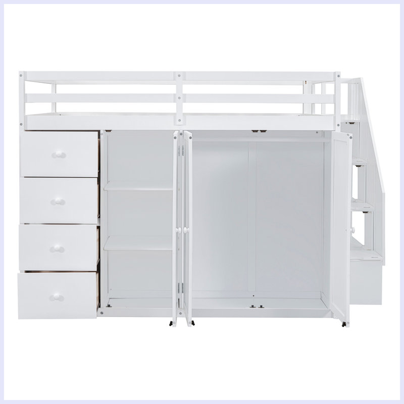 Lit mezzanine moderne en bois avec placards, armoires et tiroirs intégrés, Blanc