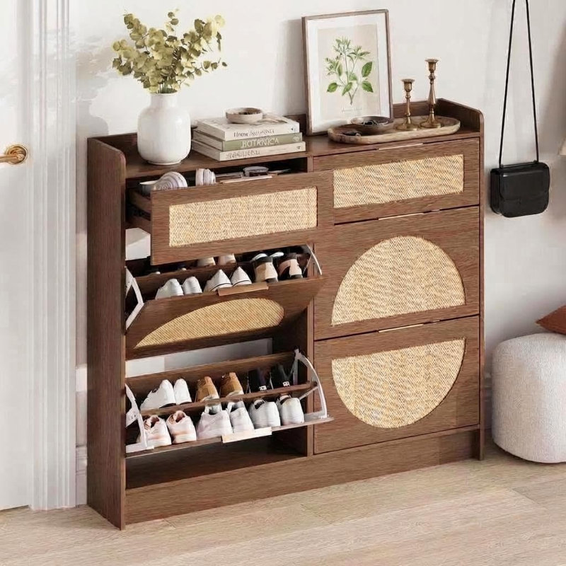Spacious Rattan Shoe Storage Cabinet - 4 Turn Over Drawers & 2 Small Drawers - Narrow Freestanding Entryway Organizer with Adjustable Shelves & Metal Handles
