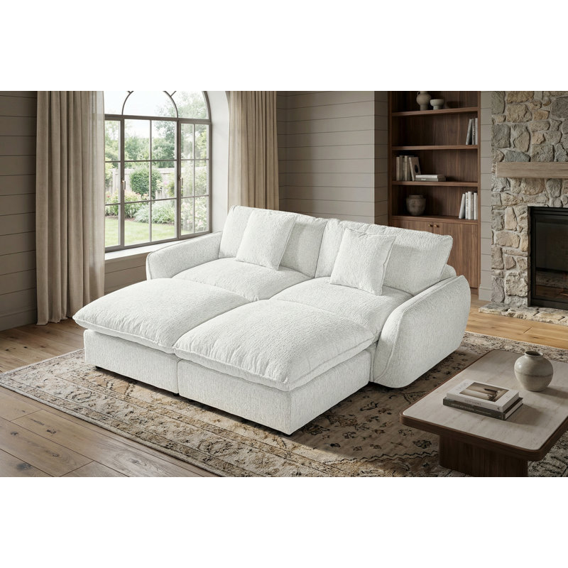 Upholstered Modular Sleeper Sofa With Two Ottomans, White Polyester