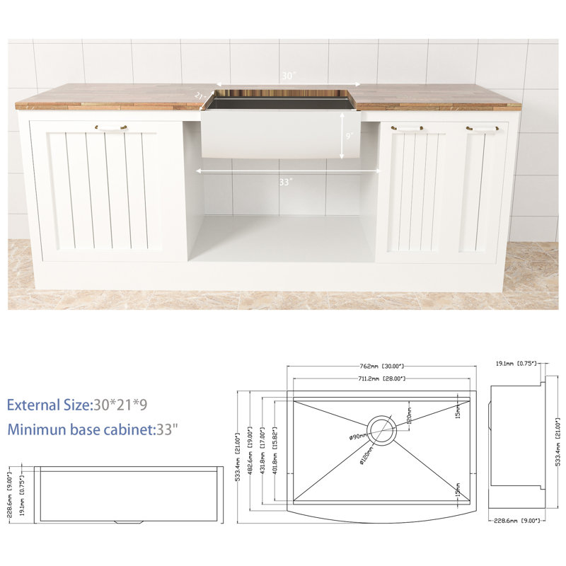 30" Stainless Steel Apron Sink - 21X9 Inch, & Smooth Surface Kitchen Built-In Ledge For Extra Function