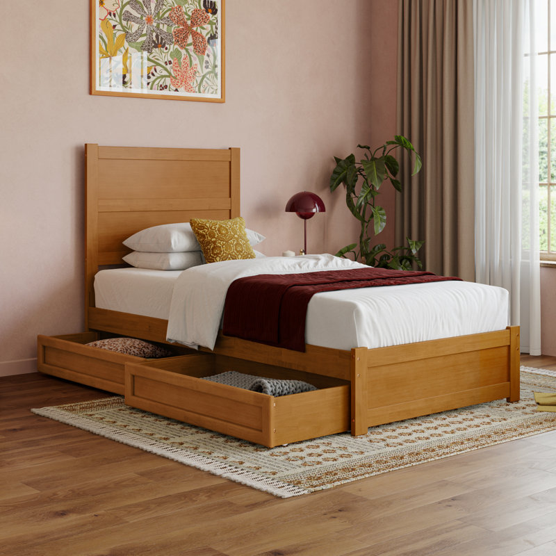Aveline Wood Platform Bed with Storage Drawers, Light Toffee, Twin XL