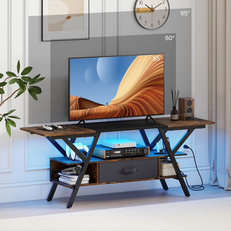 Meuble télé à 3 niveaux avec prises de courant pour téléviseurs de 65 po, lumières DEL et tablettes de rangement à distance