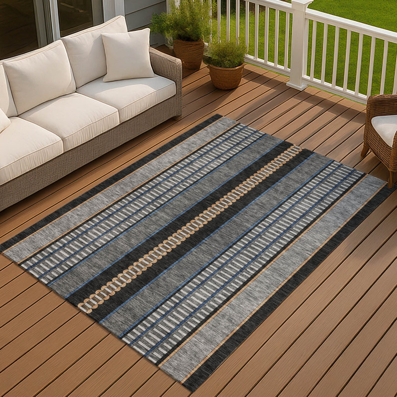 Machine Washable Indoor/Outdoor Chantille ACN2681 Stripes Rug, 3' x 5', Black